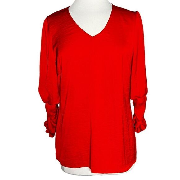 Cabi aurora Blouse Ruched 3/4 Sleeve V-Neck Pullover Popover Blouse Red M NWT - Picture 1 of 9